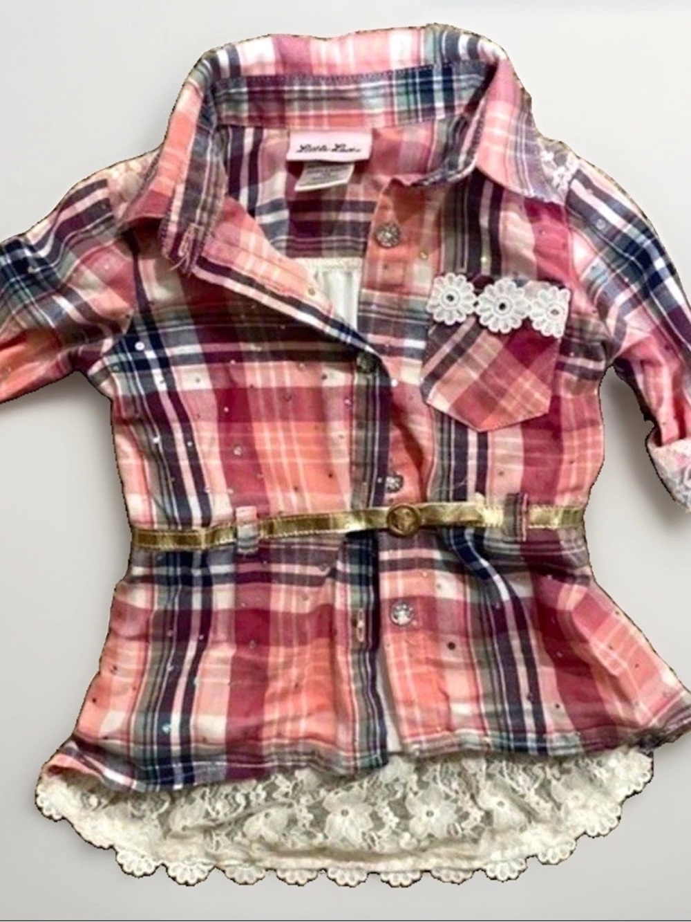 Little Lass 18M Pink Plaid and Lace Button-Up Top